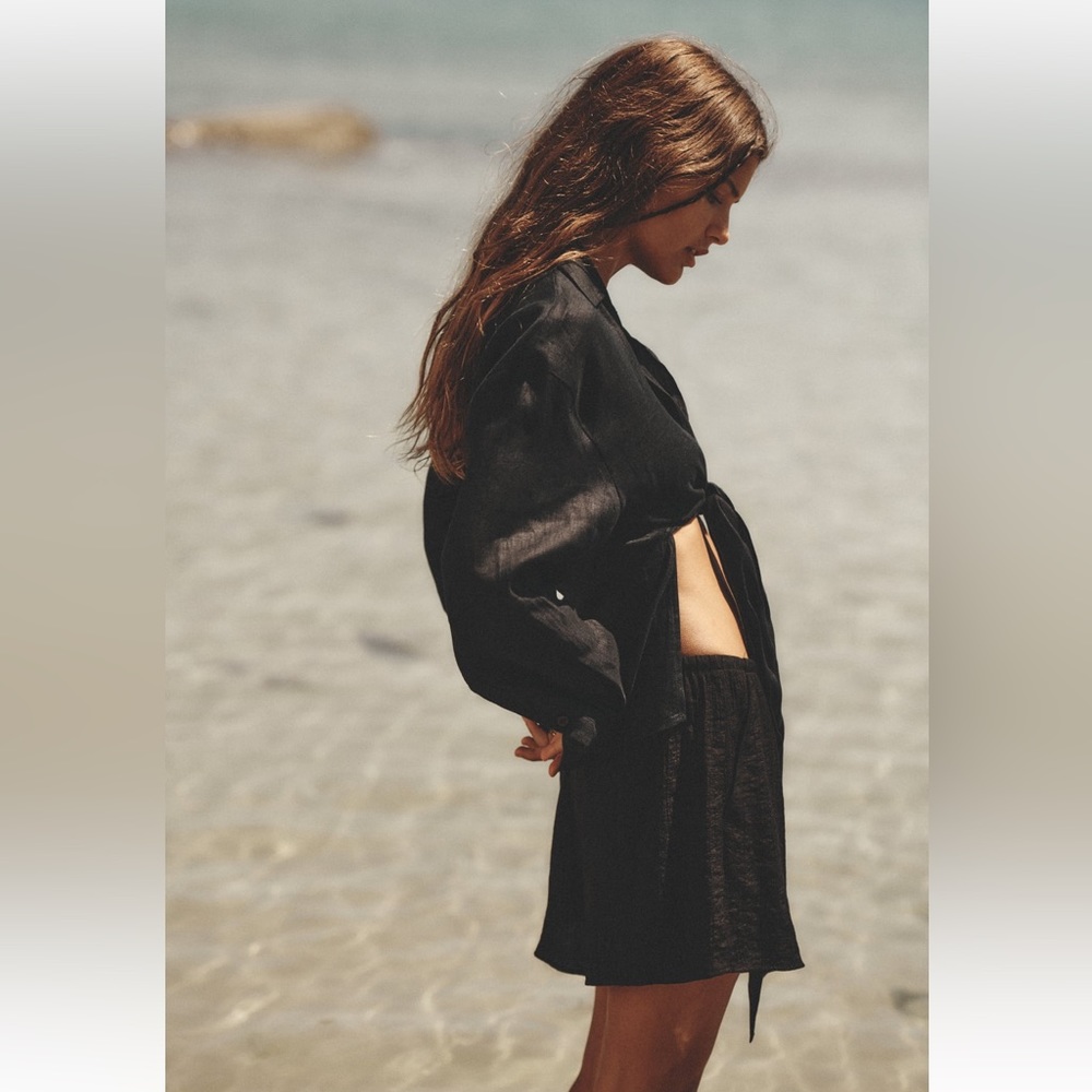 Zara NWT Black Linen Shirt With Knot size S - Picture 5 of 8